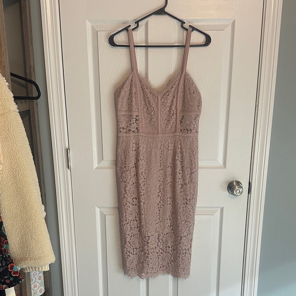 Express Chic Lace Midi Dress in Blush Pink